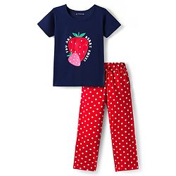 Pine Kids Single Jersey Knit Half Sleeves Night Suit With Polka Dot Print - Navy Blue & Red