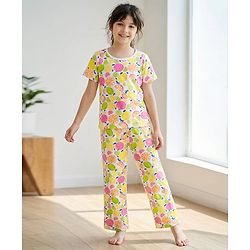 Pine Kids Cotton Knit Half Sleeves Co-ords Night Suit With Tropical Theme Print - Multicolour