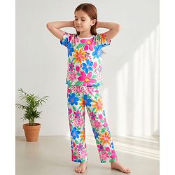 Pine Kids Single Jersey Knit Half Sleeves Co-ords Night Suit with Floral Print - White