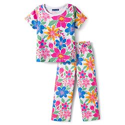 Pine Kids Single Jersey Knit Half Sleeves Co-ords Night Suit with Floral Print - White