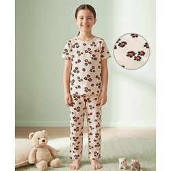 Pine Kids Cotton Knit Half Sleeves Co-ords Night Suit With Floral Print - Cream