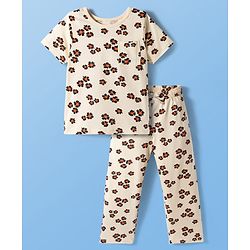 Pine Kids Cotton Knit Half Sleeves Co-ords Night Suit With Floral Print - Cream