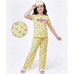 Pine Kids Cotton Knit Half Sleeves Co-ords Night Suit With Floral Print - Yellow