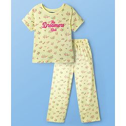 Pine Kids Cotton Knit Half Sleeves Co-ords Night Suit With Floral Print - Yellow