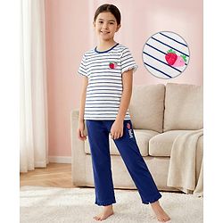 Pine Kids Cotton Knit Half Sleeves Night Suit with Stripes & Fruits Print - White & Blue