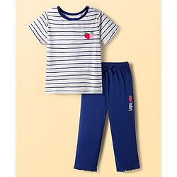 Pine Kids Cotton Knit Half Sleeves Night Suit with Stripes & Fruits Print - White & Blue