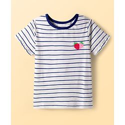 Pine Kids Cotton Knit Half Sleeves Night Suit with Stripes & Fruits Print - White & Blue