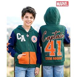 Pine Kids Marvel Terry Knit Full Sleeves Hooded Sweatshirt with Front and Back Avengers Graphics and Badge Detailing - Green