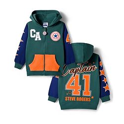 Pine Kids Marvel Terry Knit Full Sleeves Hooded Sweatshirt with Front and Back Avengers Graphics and Badge Detailing - Green