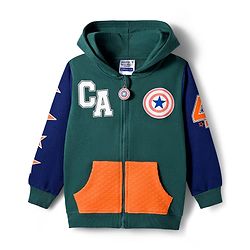 Pine Kids Marvel Terry Knit Full Sleeves Hooded Sweatshirt with Front and Back Avengers Graphics and Badge Detailing - Green