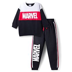 Pine Kids Marvel Terry Knit Oversize Drop Shoulder Full Sleeves T-Shirt and Joggers Set with Avengers Graphics - Black