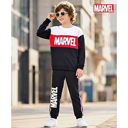 Pine Kids Marvel Terry Knit Oversize Drop Shoulder Full Sleeves T-Shirt and Joggers Set with Avengers Graphics - Black