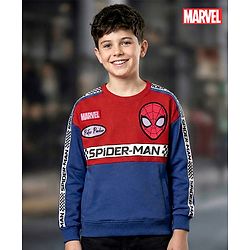 Pine Kids Marvel Terry Knit Drop Shoulder Full Sleeves Sweatshirt With Spider-Man Graphics & Badge Detailing - Blue & Red