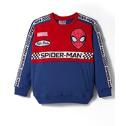 Pine Kids Marvel Terry Knit Drop Shoulder Full Sleeves Sweatshirt With Spider-Man Graphics & Badge Detailing - Blue & Red