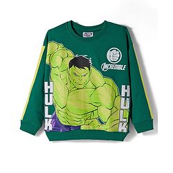 Pine Kids Marvel Terry Knit Drop Shoulder Full Sleeves Sweatshirt With Avengers Hulk Graphics & Cut Sew Detailing - Green