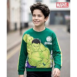 Pine Kids Marvel Terry Knit Drop Shoulder Full Sleeves Sweatshirt With Avengers Hulk Graphics & Cut Sew Detailing - Green