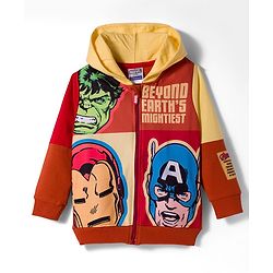 Pine Kids Marvel Fleece Knit Full Sleeves Hooded Sweatjacket With Avengers Graphics - Rust Orange