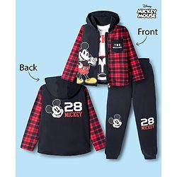Pine Kids Disney Terry Knit Full Sleeves Hooded Sweatjacket T-Shirt and Joggers with Mickey Mouse Graphics - Red & Black