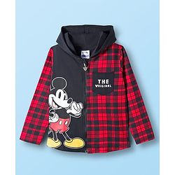 Pine Kids Disney Terry Knit Full Sleeves Hooded Sweatjacket T-Shirt and Joggers with Mickey Mouse Graphics - Red & Black