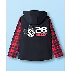 Pine Kids Disney Terry Knit Full Sleeves Hooded Sweatjacket T-Shirt and Joggers with Mickey Mouse Graphics - Red & Black