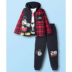 Pine Kids Disney Terry Knit Full Sleeves Hooded Sweatjacket T-Shirt and Joggers with Mickey Mouse Graphics - Red & Black