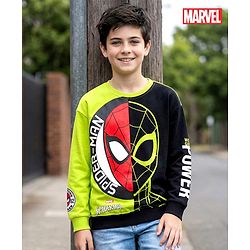Pine Kids Marvel Terry Knit Drop Shoulder Full Sleeves Cut & Sew Sweatshirt With Spider-Man Graphics - Green & Black