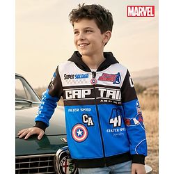 Pine Kids Marvel Terry Knit Full Sleeves Hooded Sweatjacket with Avengers Graphics & Badge Detailing - Blue