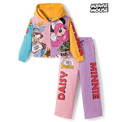 Pine Kids Disney Terry Knit Full Sleeves Hooded T-Shirt and Lounge Pant Set with Minnie Mouse and Friends Graphics - Pink & Purple