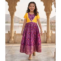 Pine Kids Woven Half Sleeves Shrug & Ethnic Gown with Floral Foil Print - Purple & Mustard