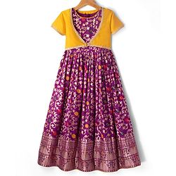 Pine Kids Woven Half Sleeves Shrug & Ethnic Gown with Floral Foil Print - Purple & Mustard