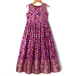 Pine Kids Woven Half Sleeves Shrug & Ethnic Gown with Floral Foil Print - Purple & Mustard