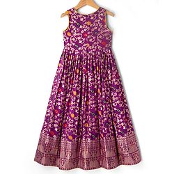 Pine Kids Woven Half Sleeves Shrug & Ethnic Gown with Floral Foil Print - Purple & Mustard