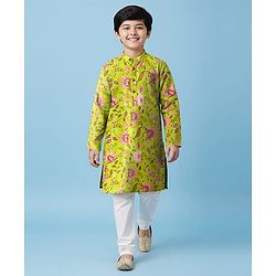 Pine Kids Cotton Woven Full Sleeves Kurta Pajama Set with Floral Print - Limegreen