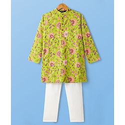 Pine Kids Cotton Woven Full Sleeves Kurta Pajama Set with Floral Print - Limegreen