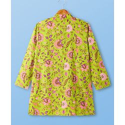 Pine Kids Cotton Woven Full Sleeves Kurta Pajama Set with Floral Print - Limegreen