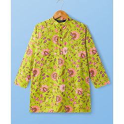 Pine Kids Cotton Woven Full Sleeves Kurta Pajama Set with Floral Print - Limegreen