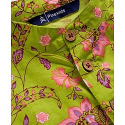 Pine Kids Cotton Woven Full Sleeves Kurta Pajama Set with Floral Print - Limegreen