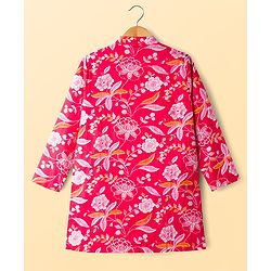 Pine Kids Cotton Woven Full Sleeves Kurta Pajama Set With Floral Print - Red