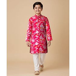 Pine Kids Cotton Woven Full Sleeves Kurta Pajama Set With Floral Print - Red