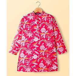 Pine Kids Cotton Woven Full Sleeves Kurta Pajama Set With Floral Print - Red