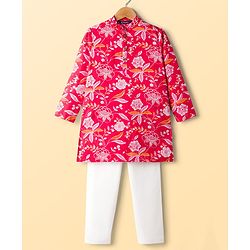 Pine Kids Cotton Woven Full Sleeves Kurta Pajama Set With Floral Print - Red