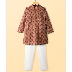 Pine Kids Cotton Woven Full Sleeves Kurta Pajama Set with Floral Print - Brown