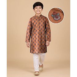 Pine Kids Cotton Woven Full Sleeves Kurta Pajama Set with Floral Print - Brown