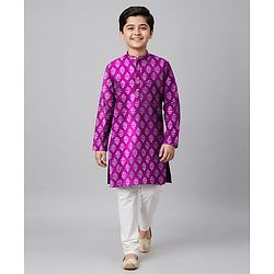 Pine Kids Cotton Woven Full Sleeves Kurta Pajama Set With Floral Print - Purple