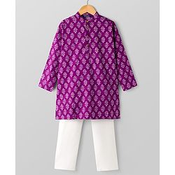 Pine Kids Cotton Woven Full Sleeves Kurta Pajama Set With Floral Print - Purple
