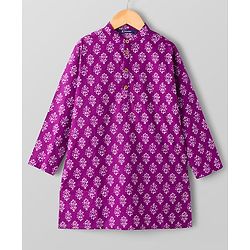 Pine Kids Cotton Woven Full Sleeves Kurta Pajama Set With Floral Print - Purple