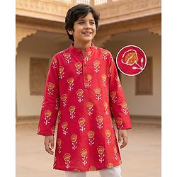 Pine Kids Cotton Woven Full Sleeves Kurta With Floral Print - Red