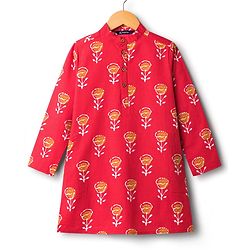 Pine Kids Cotton Woven Full Sleeves Kurta With Floral Print - Red