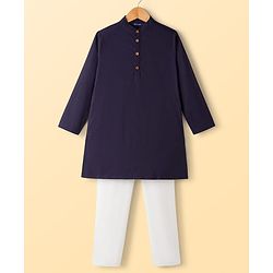 Pine Kids Cotton Woven Full Length Solid Colour Kurta Pajama Set - Navy Blue & White