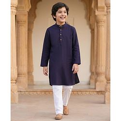 Pine Kids Cotton Woven Full Length Solid Colour Kurta Pajama Set - Navy Blue & White